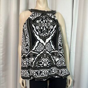 ALFANI Women's Black and White Blouse Metal Collar Halter Sleeveless Size XL